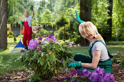 Team applying health and safety practices in a garden setting