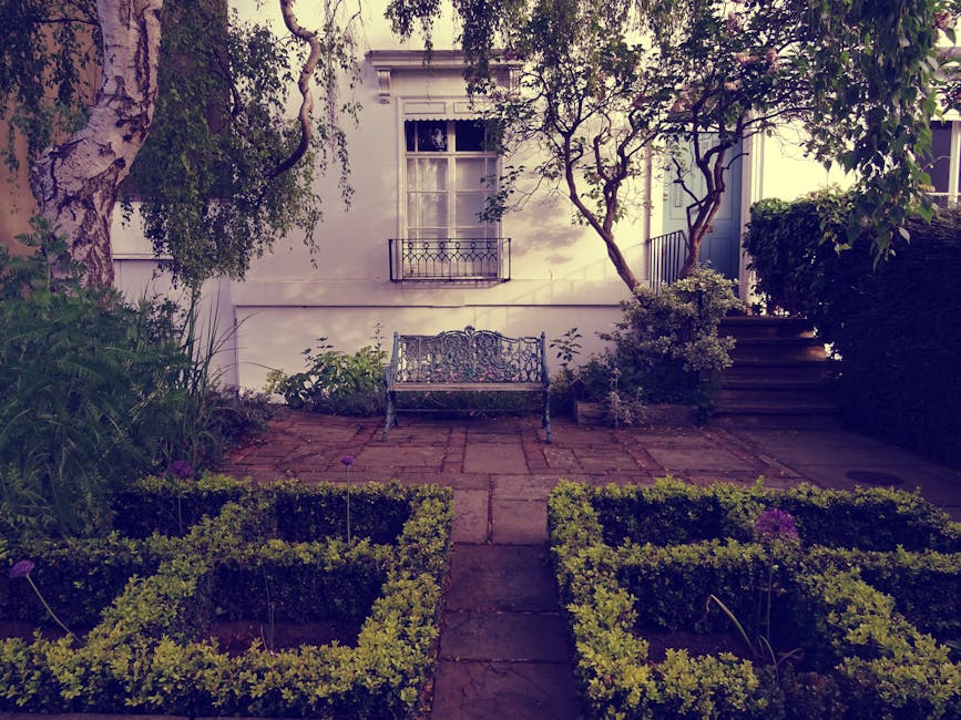 A small urban garden featuring a paved patio area bordered by neatly trimmed hedges, creating symmetrical rectangular beds filled with low-growing plants. In the background, a white house with a centr